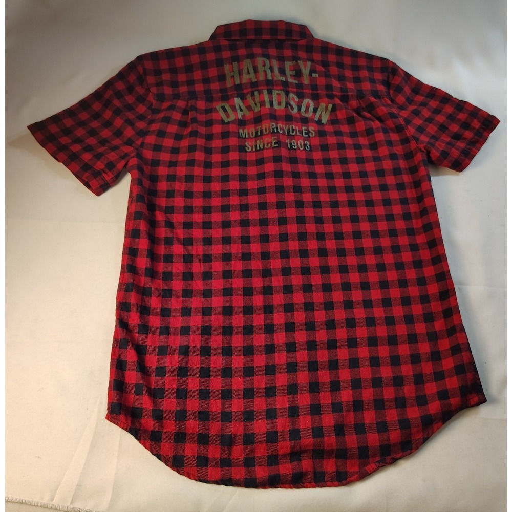 Harley-Davidson Mens Slim Fit Red Black Plaid Short Sleeve Button Up Shirt M